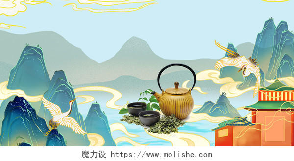 蓝色清新简约国潮风中国风茶具茶叶海报背景茶叶背景